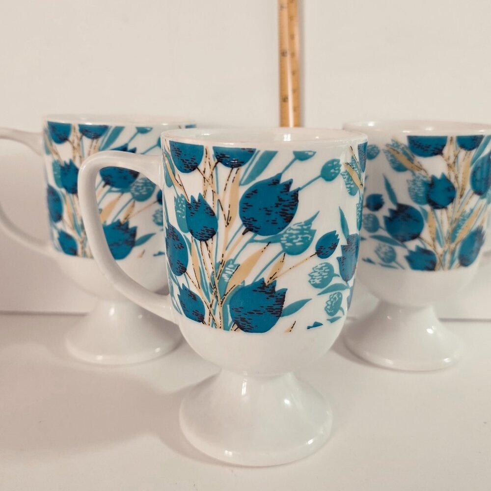 RARE Set Vintage Trimtonware Colorful Teal Tulips Porcelain Pedestal Mugs 1970s